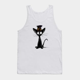 Funny Black Oriental Cat in a Steampunk Hat and Brass Goggles Tank Top